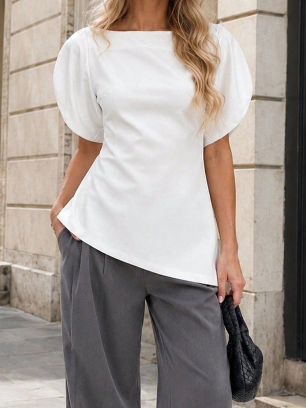 White Casual Women's Puff Sleeve Cinched Waist Top